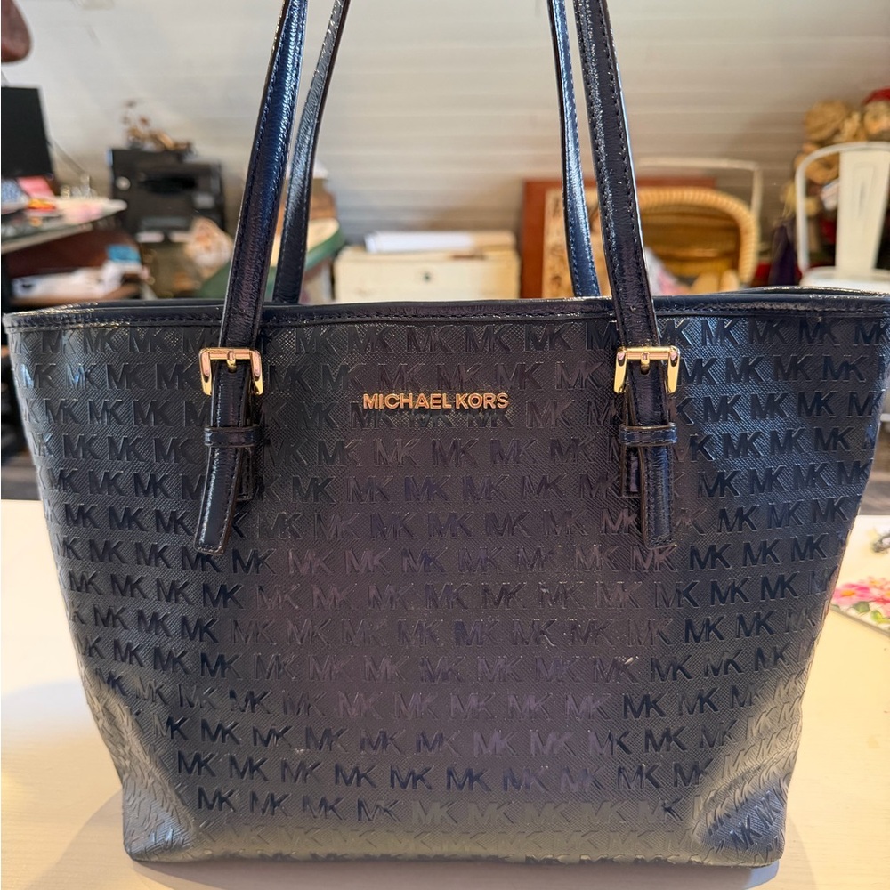 Michael Kors Glossy Dark Navy MK Logo Tote with Gold Hardware